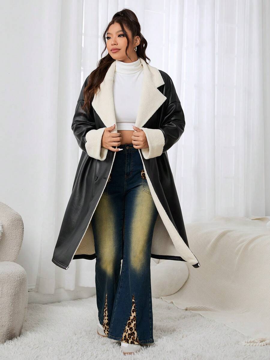 SHEIN EZwear Plus Size Casual Thermal Lined Shirt Collar Jacket, For Autumn/Winter