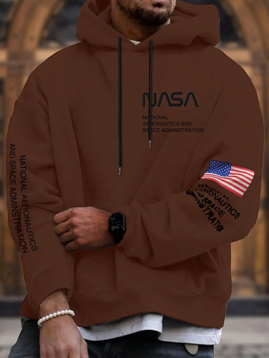 Manfinity Homme 1 pezzo Felpa con cappuccio oversize da uomo con stampa slogan e tasca a canguro con coulisse