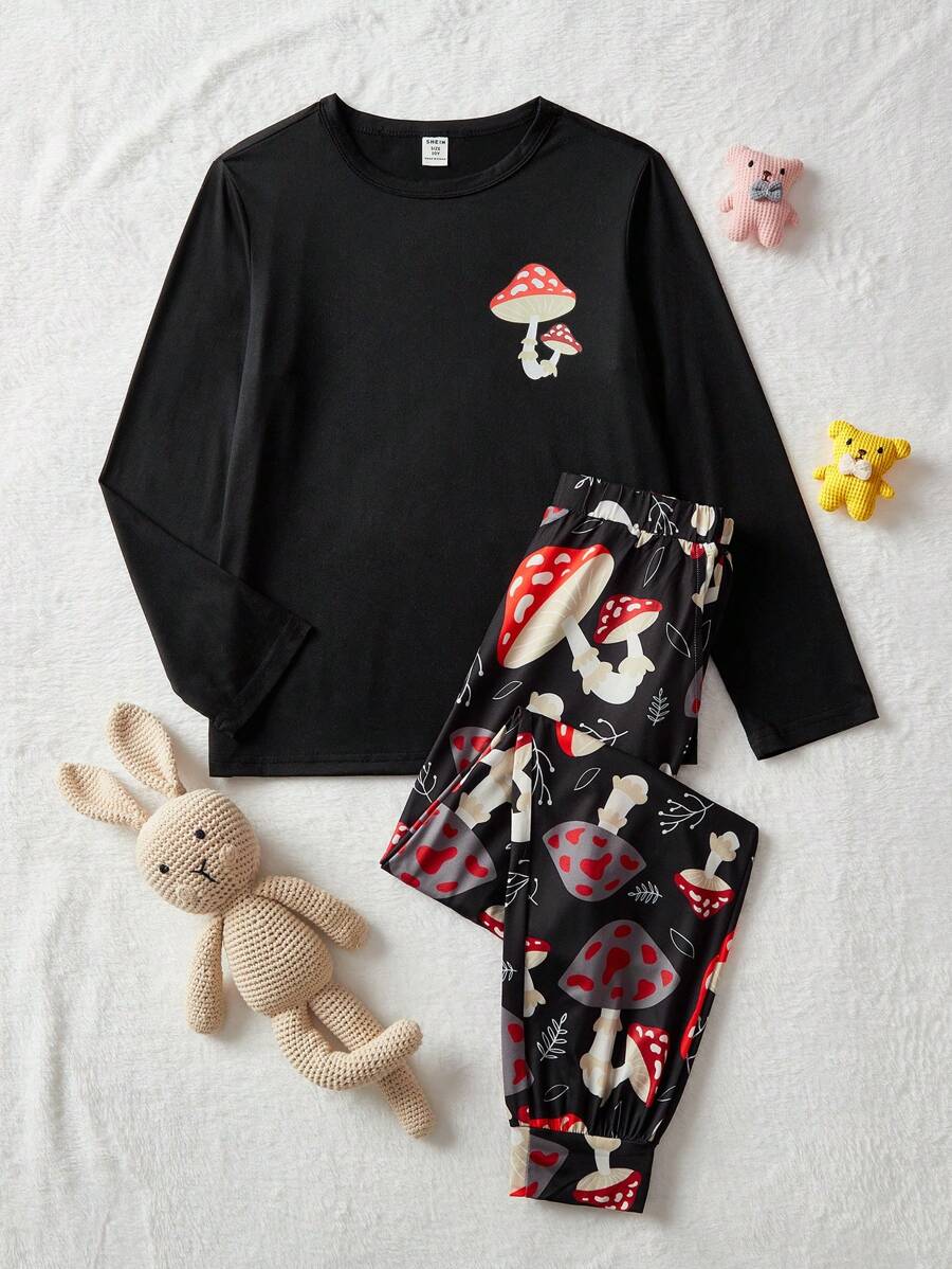 Conjunto informal de pijama con camiseta de manga larga de cuello redondo y pantalones con estampado de setas para niño preadolescente