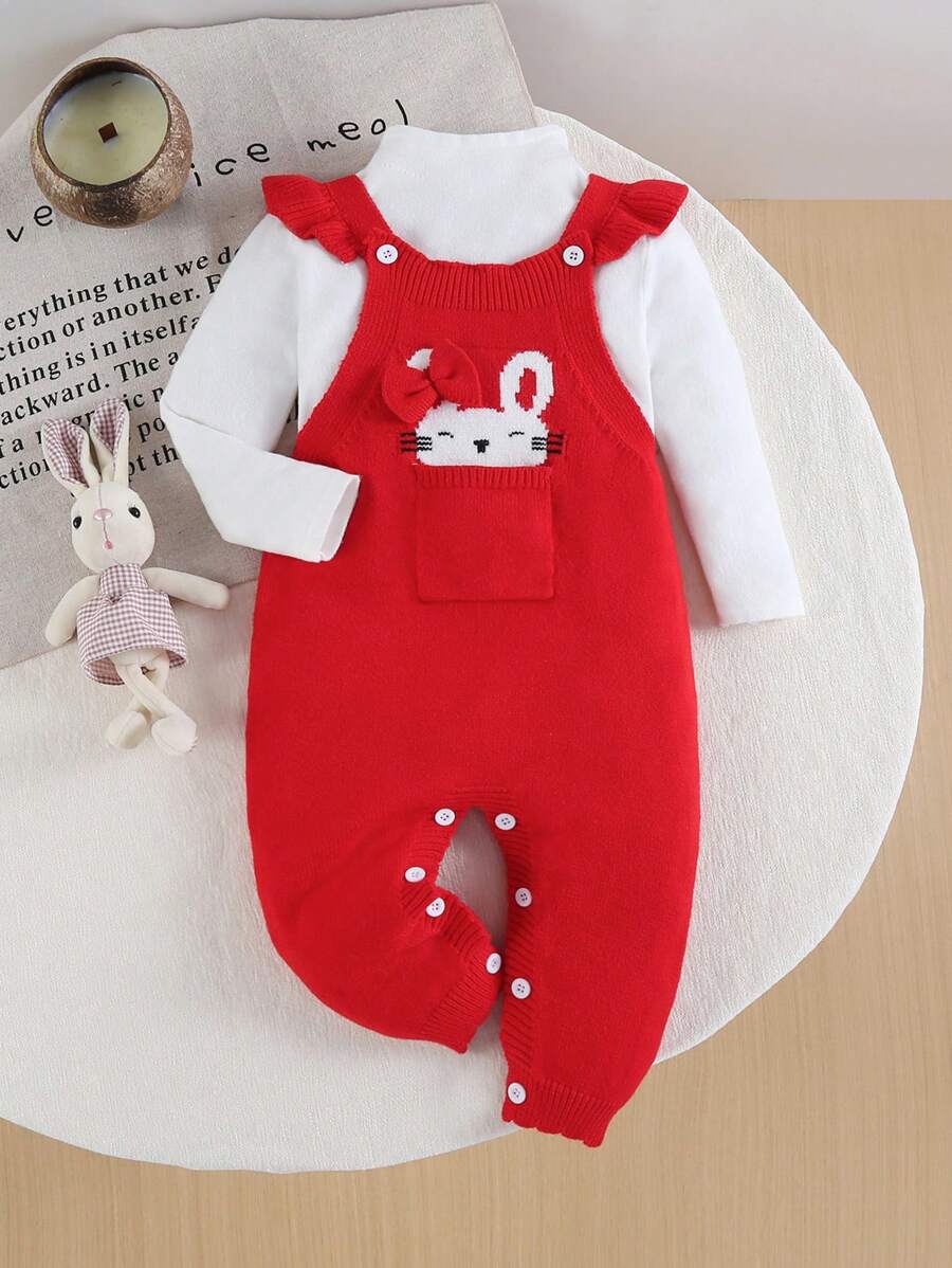 Conjunto de niña bebé para primavera/otoño con pantalón de tirantes de punto con intarsia de dibujos animados, diseño lindo de conejo peludo rosa, mangas con volantes, para Navidad