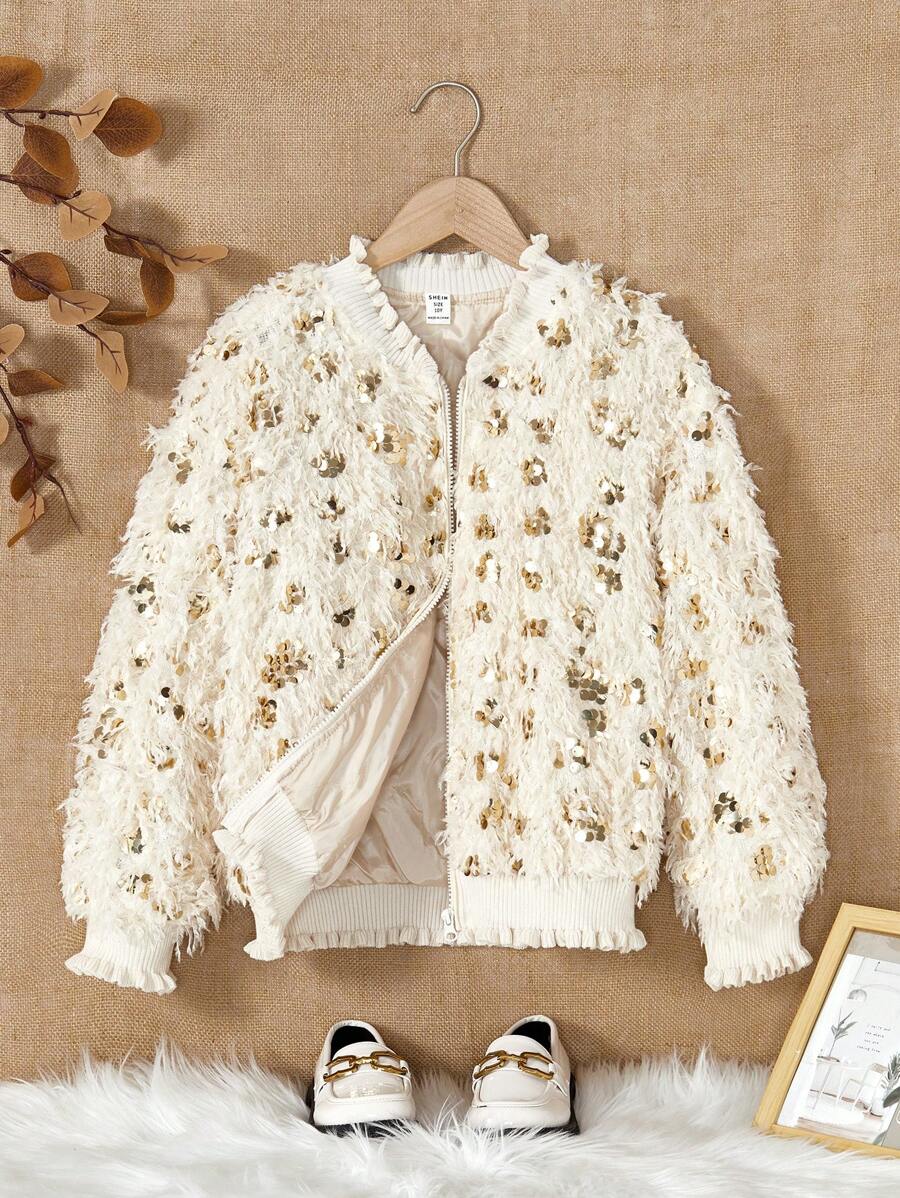 Chaqueta elegante y linda con flecos y lentejuelas versátil para niñas preadolescentes