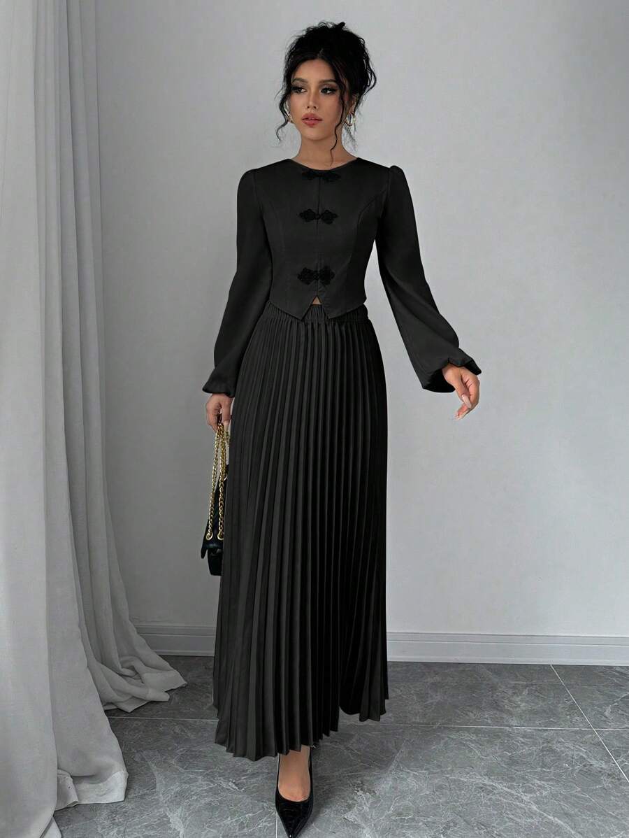 Elenzga Women Solid Color Round Neck Long Sleeve Top & Pleated Hem Skirt 2 Pieces Set, Elegant