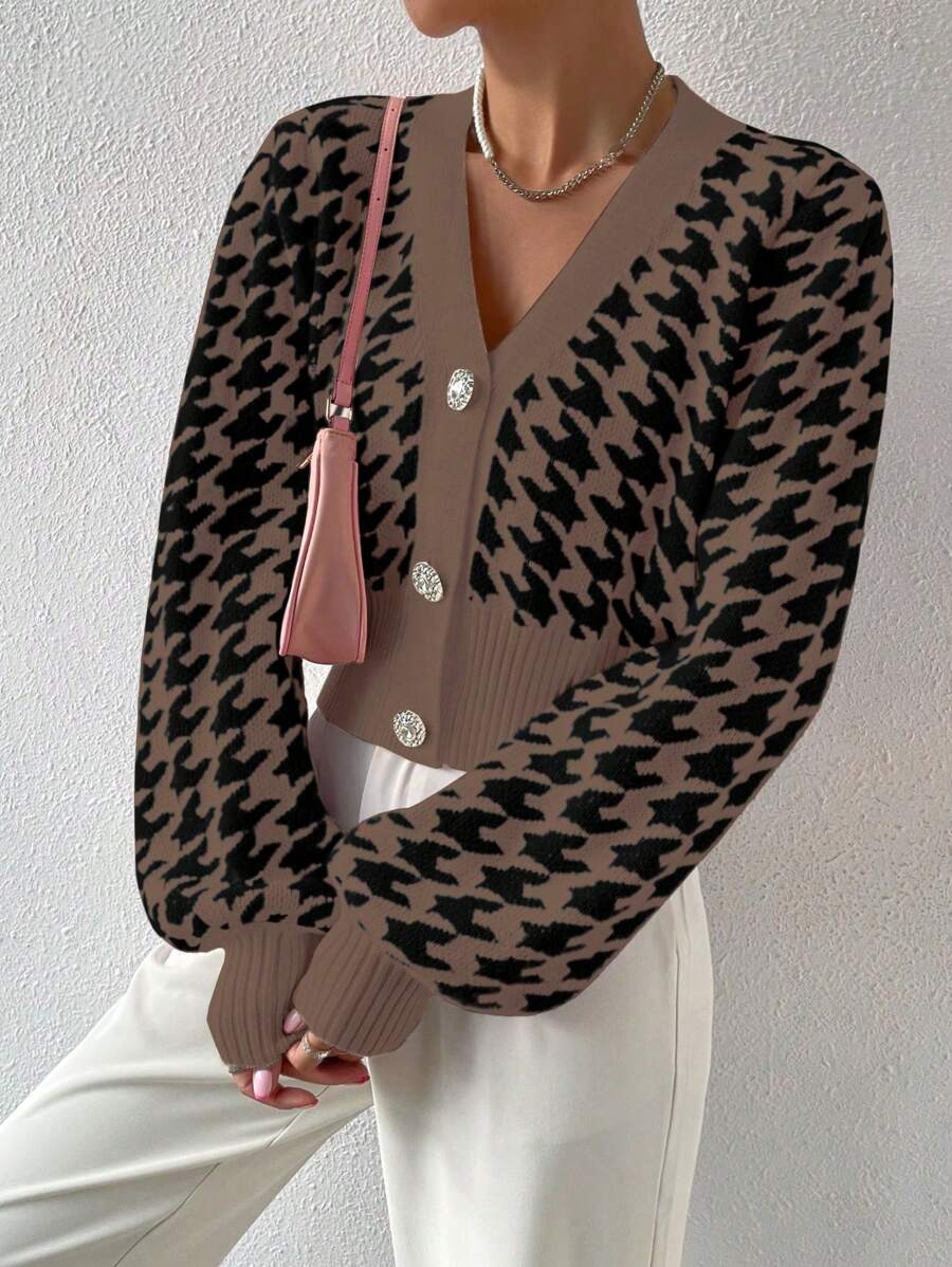 Chiquease Houndstooth Print V-Neck Button Front Long Sleeve Casual Cardigan