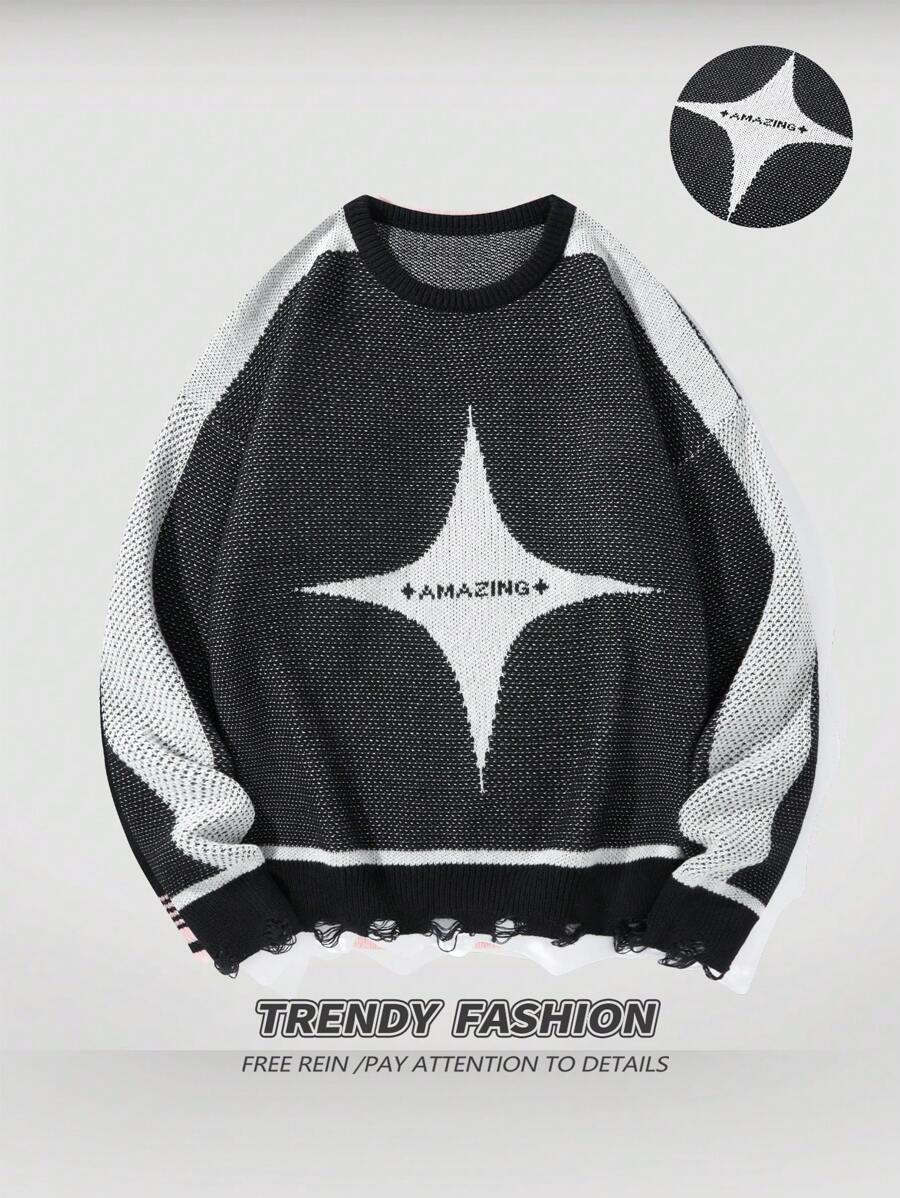Manfinity EMRG Men's Casual Color Block Patchwork Distressed Street Wear Graphic Color Block Star Pullover Long Sleeve Crew Neck Sweater, Autumn/Winter,For Going Out, Friends
