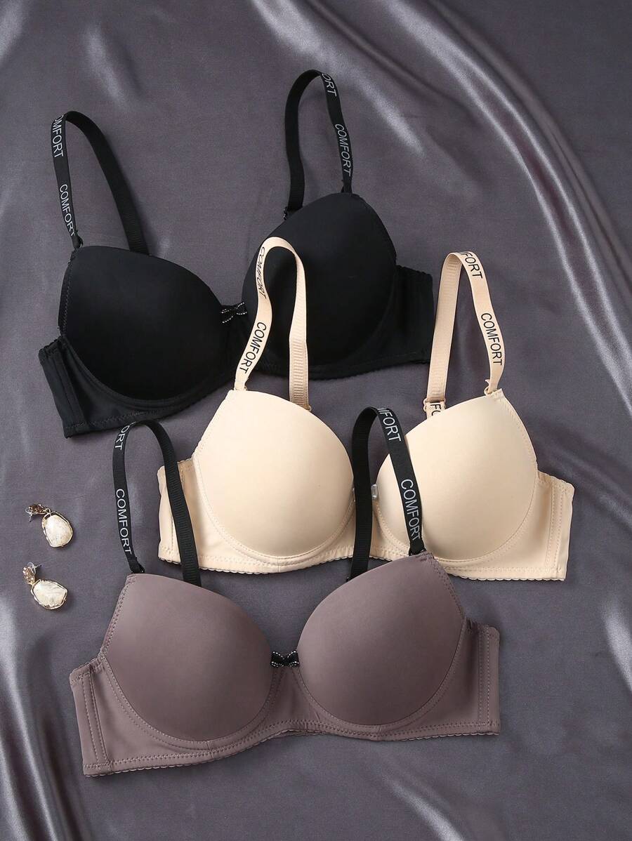 Set de 3 sujetadores para mujeres con diseño especial sin alambres, con relleno y tirantes acolchados de unicolor y simple