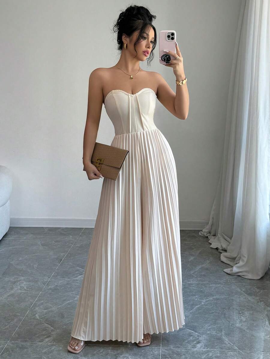 Elenzga Mono de mujer de estilo casual y romántico con cintura drapeada y parte superior sin tirantes
