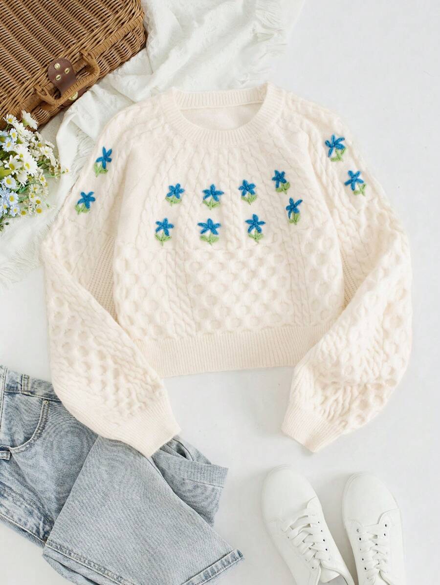 Flirla Dames ronde hals lange mouw bloemen borduurwerk casual trui