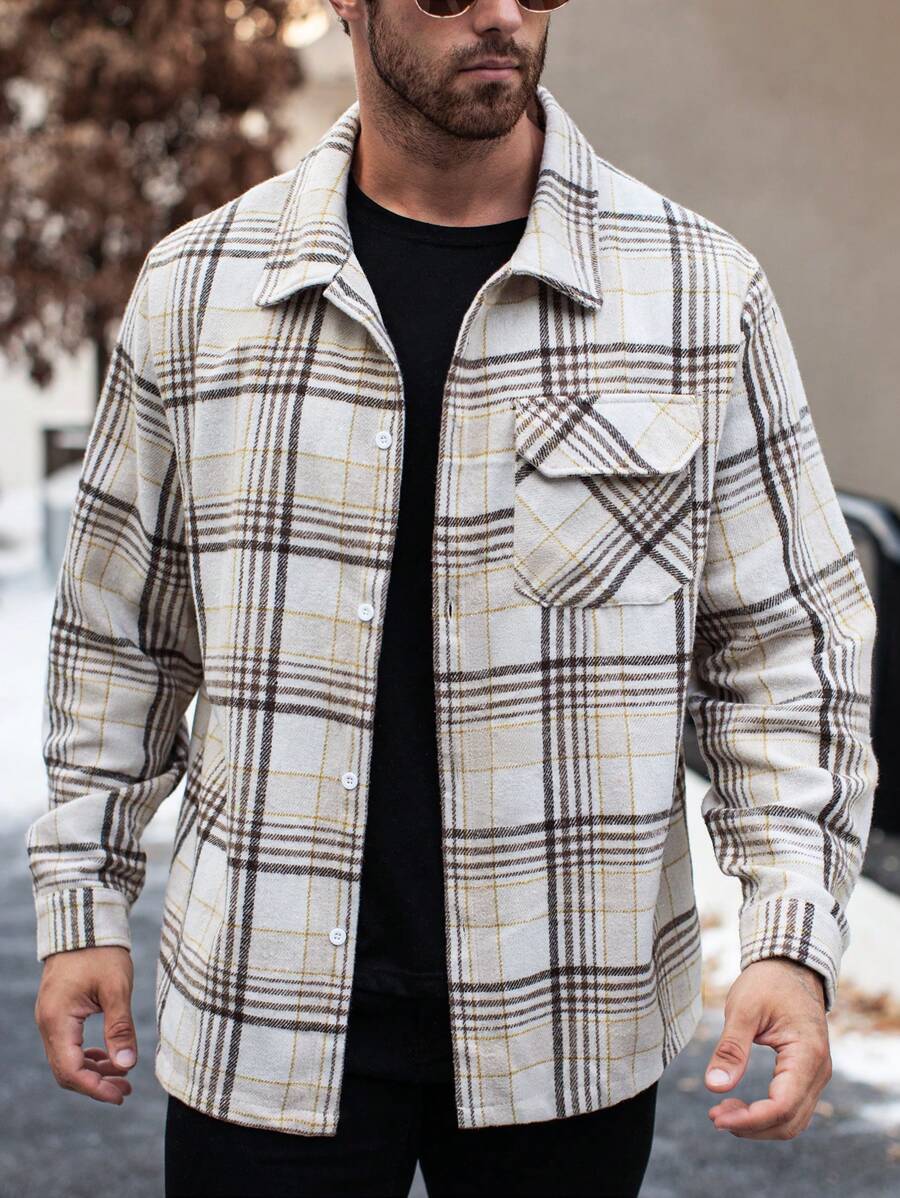 Manfinity Homme Men's Plaid Print Button Up Pocket Long Sleeve Coat, Fall Clothes