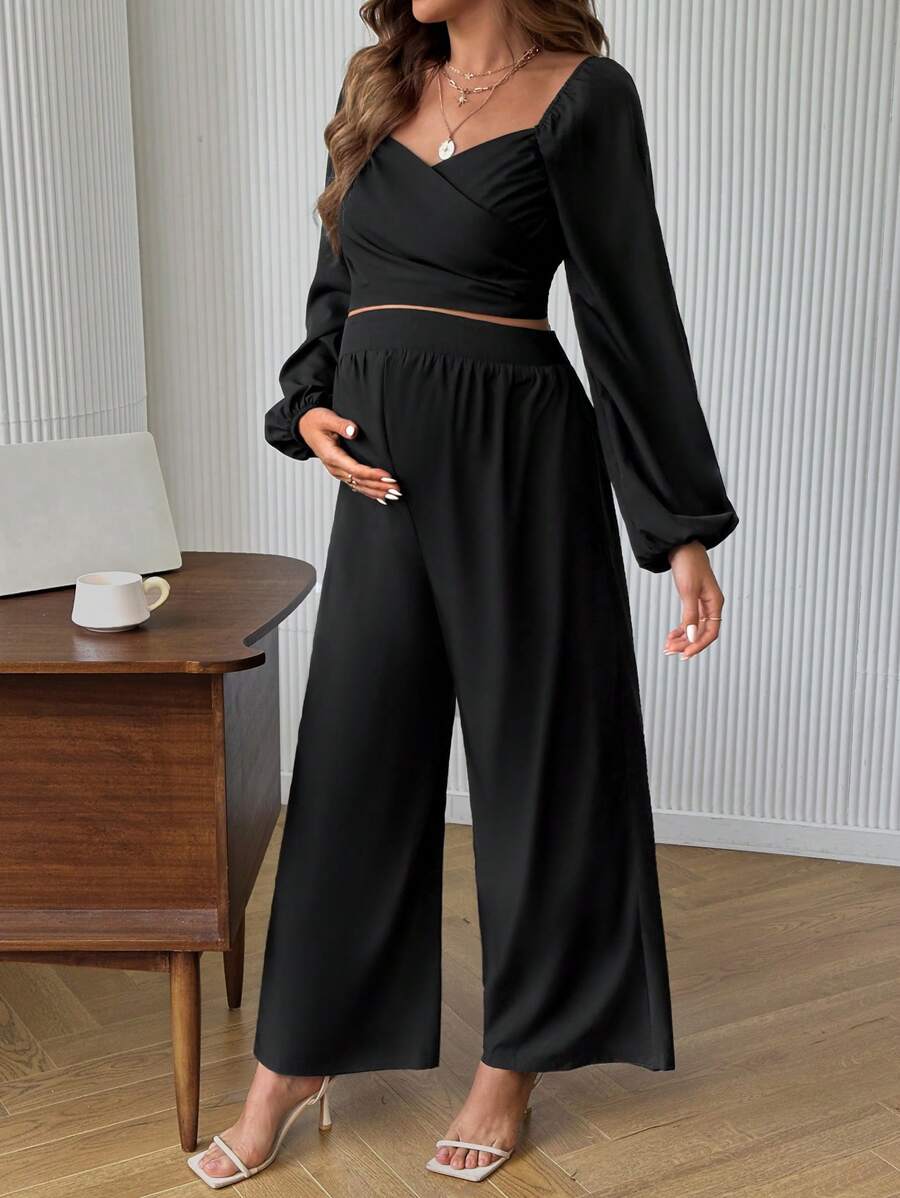 SHEIN 2pcs Pregnancy Casual Solid Color Sweetheart Neck Lantern Sleeve Crop Top & Elastic Waist Wide-Leg Pants Set, Spring/Autumn, For Maternity