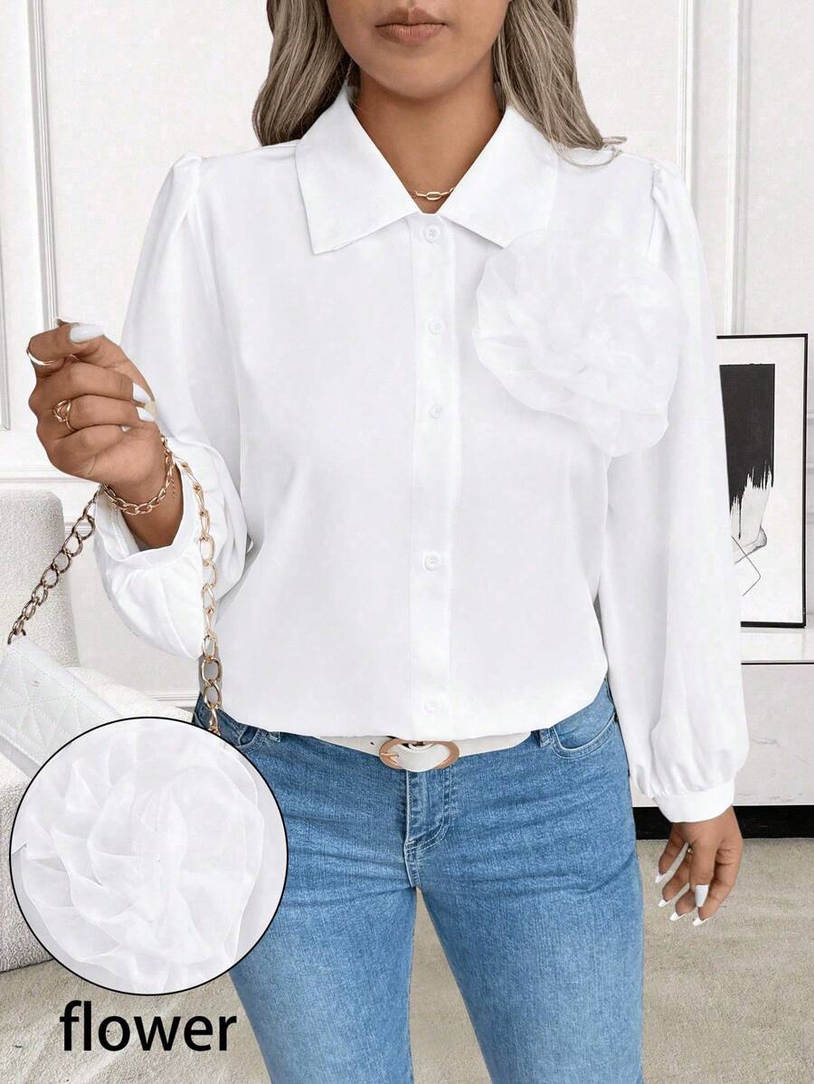 SHEIN Clasi Plus Size Women's Solid Color 3D Floral Decor Long Sleeve Elegant Blouse, Autumn