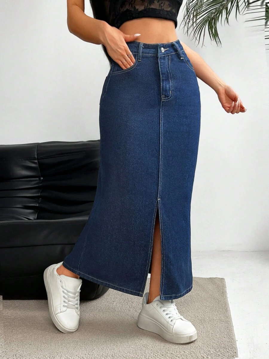 EMERY ROSE Women's Casual Denim Midi Skirt With Slit, Daily Wear