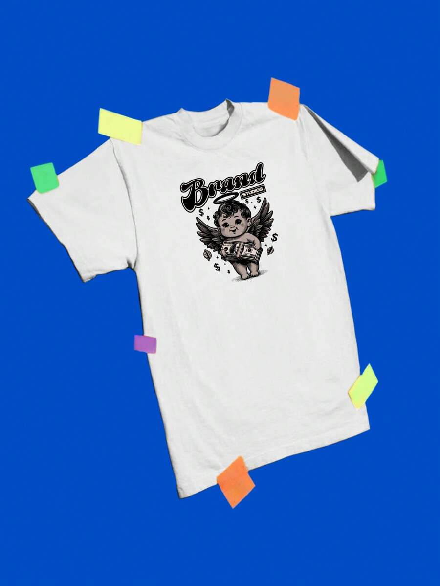 Putra Dikjaya Artist Angel, Cartoon, Medieval, Money, Cash, Dollar Print Casual Loose Round Neck Short Sleeve Women T-Shirt Graphic Tee, For Holiday, New Year, Vacation, Spring, Festival