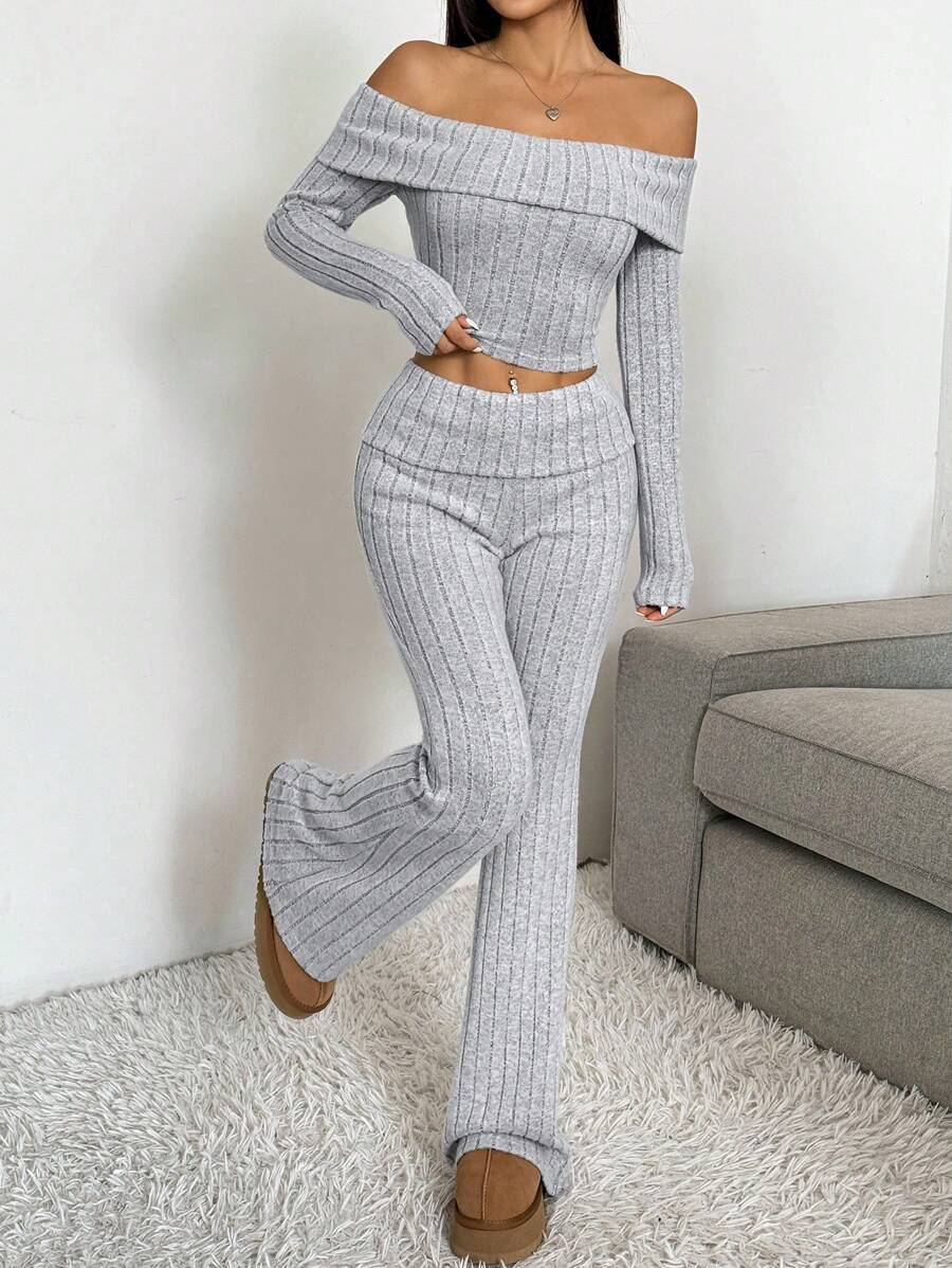 SHEIN EZwear Gray Knit Women's Casual Fitted Set