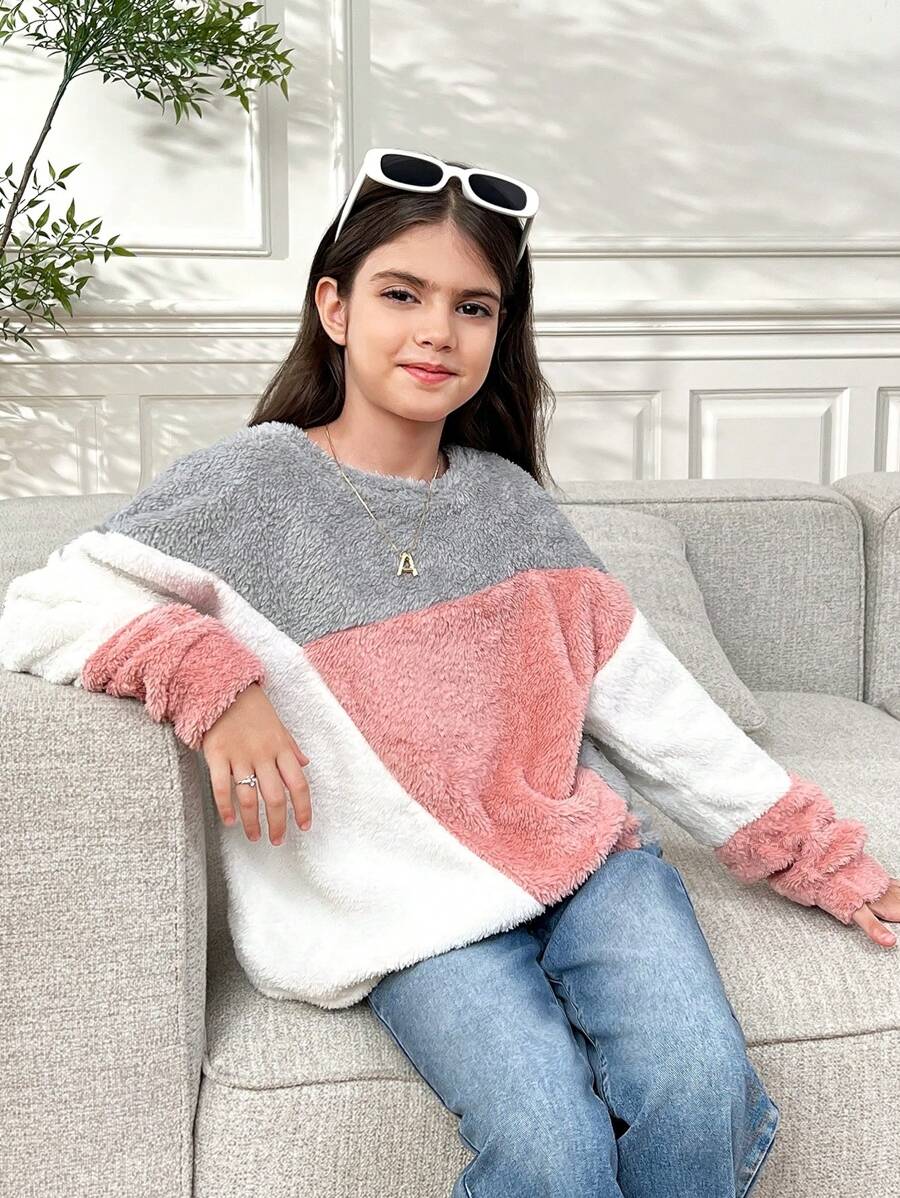 SHEIN Tween Girls Casual Colorblock Patchwork Crew Neck Long Sleeve Sweatshirt, Suitable For Autumn/Winter