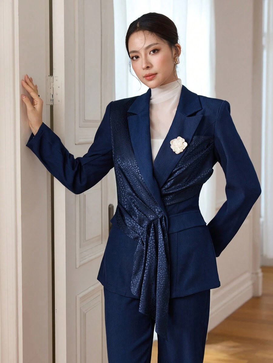 Modelyn Women's Navy Blue Patchwork Leopard Jacquard Suit Set, Professional And Chic, Autumn/Winter 2 Pieces Set