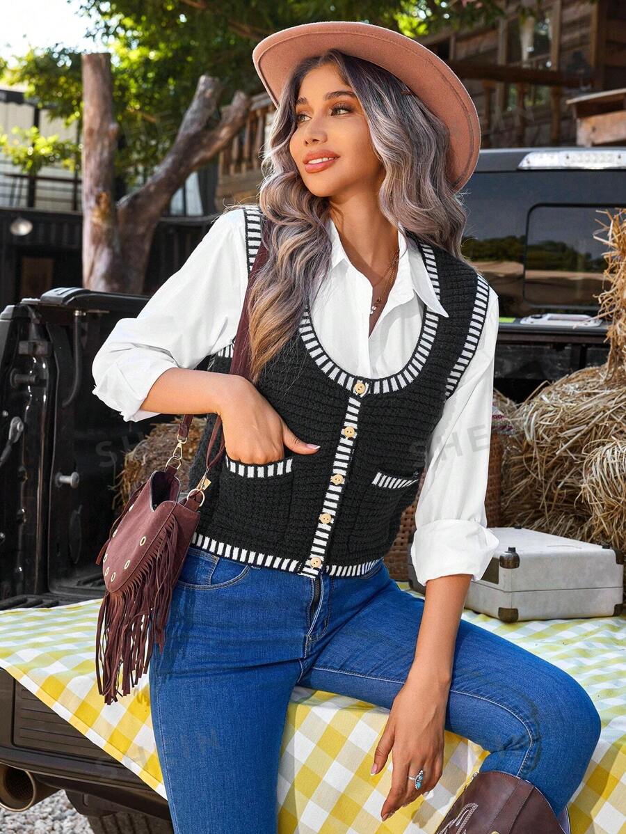 SHEIN VCAY Chaleco informal de mujer con cuello redondo, un botón y bolsillo, a rayas, para otoño