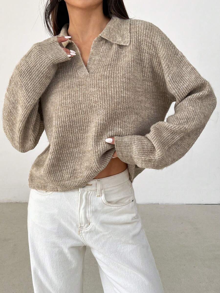 SHEIN PETITE Women's Casual Crew Neck Long Sleeve Knit Sweater