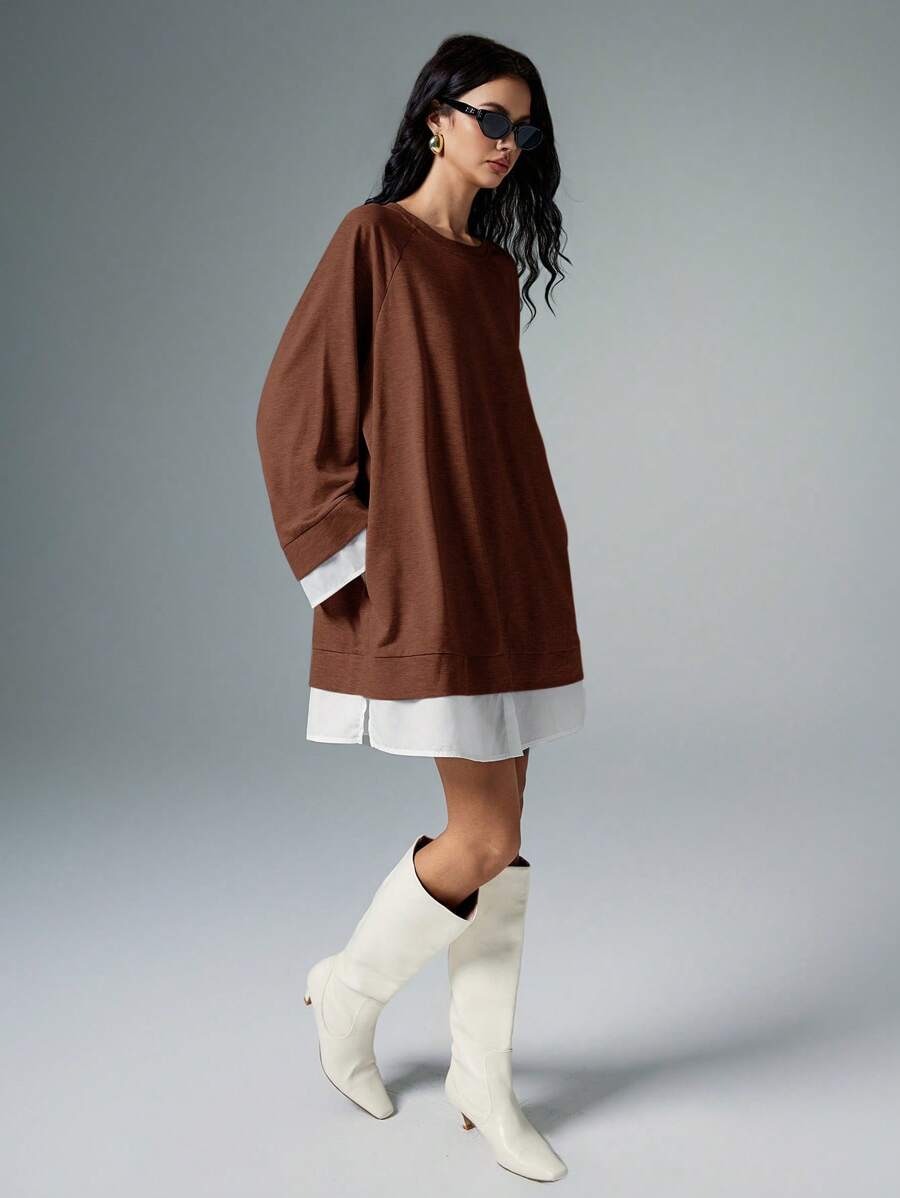 Poéselle Sweat-shirt ample en fausse fourrure, 2 pièces, col rond, manches raglan longues, ample, pour le printemps et l'automne, vêtements pour femmes, robes décontractées pour femmes, couleur unie
