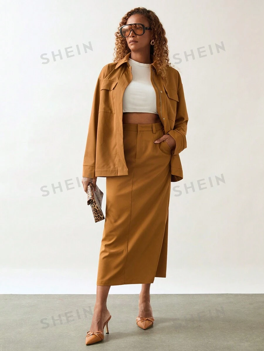 SHEIN Unity Set de 2 piezas: chaqueta y falda de mujer casual de unicolor con cierre delantero de manga larga