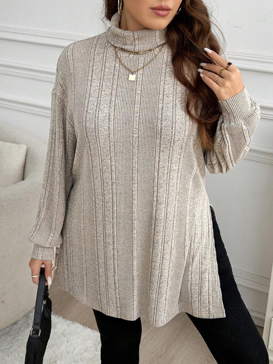 SHEIN LUNE Plus Size Turtleneck Long Sleeve Simple T-Shirt, Casual Everyday Wear Plus Size Fall Clothes, For Winter