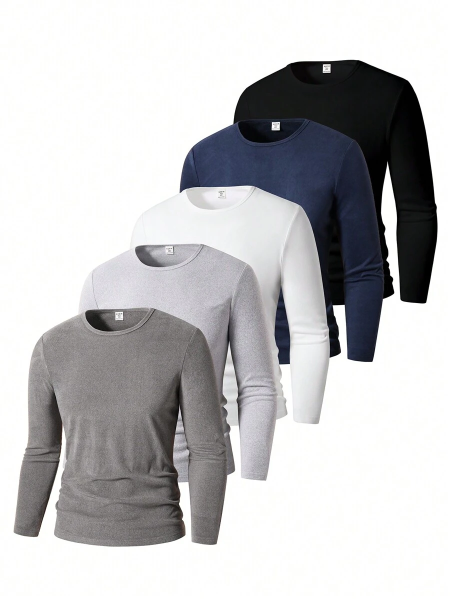 SHEIN 5pcs/Set Minimalist Style Round Neck Long Sleeve T-Shirts For Teenage Boys, 5 Colors