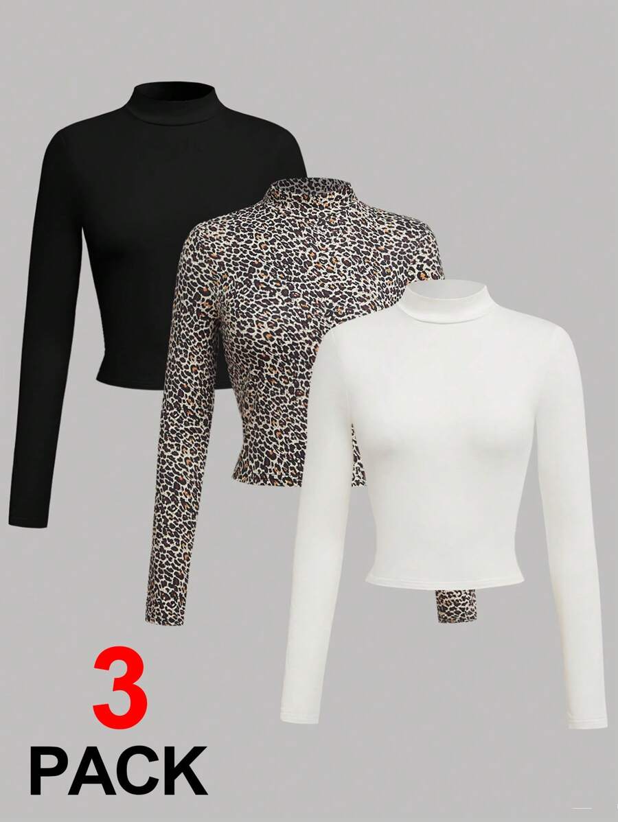 SHEIN Compra 1 Obtén 3 Camiseta versátil de manga larga con cuello alto estilo leopardo en negro y blanco para adolescentes