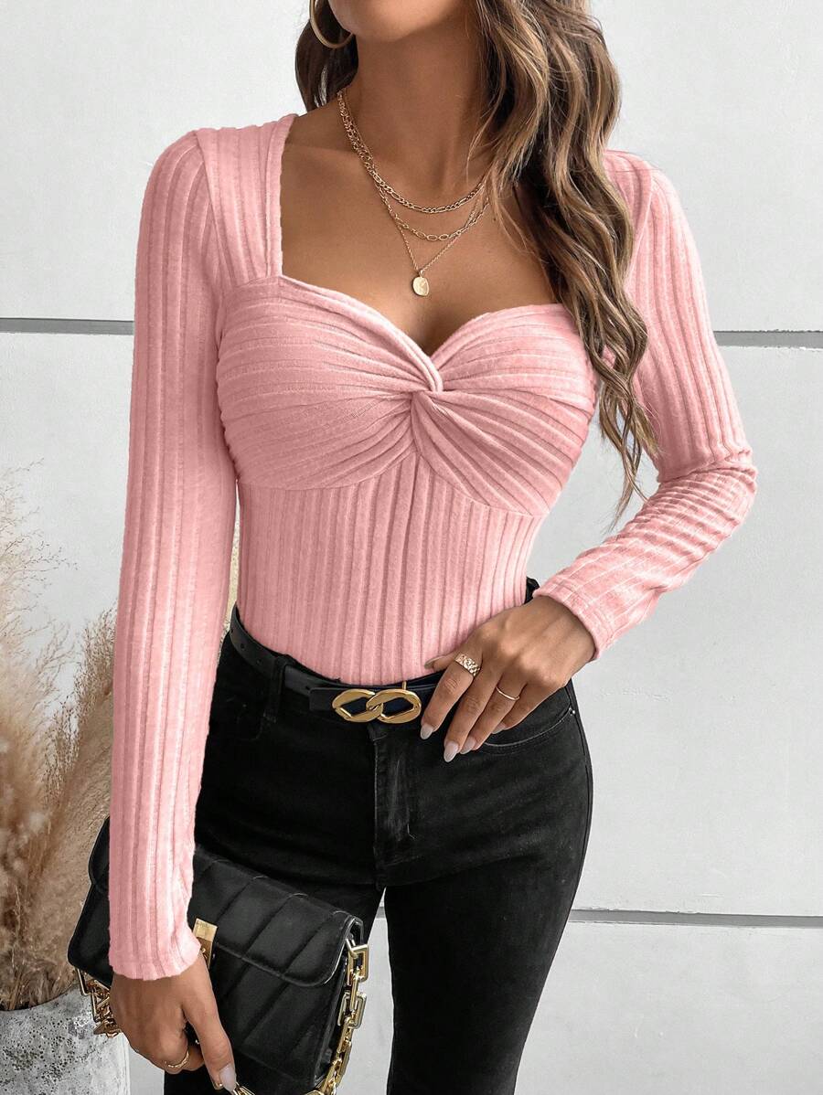 Calvaya Elegante effen kleur T-shirt met lange mouwen en sweetheart hals, voor dames, herfst