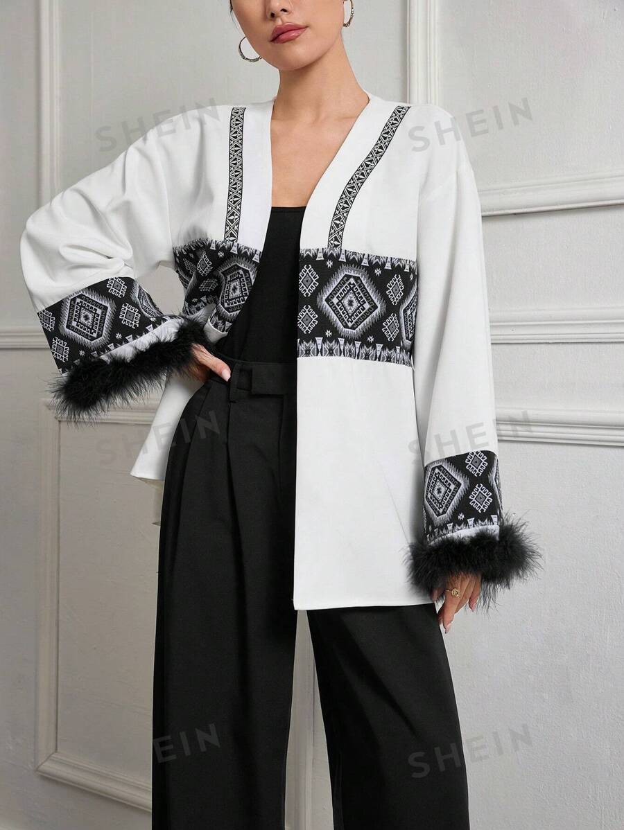 Mulvari 1 pieza Nuevo abrigo cárdigan geométrico de patrón modesto del sudeste asiático para mujer, temporada otoño/invierno