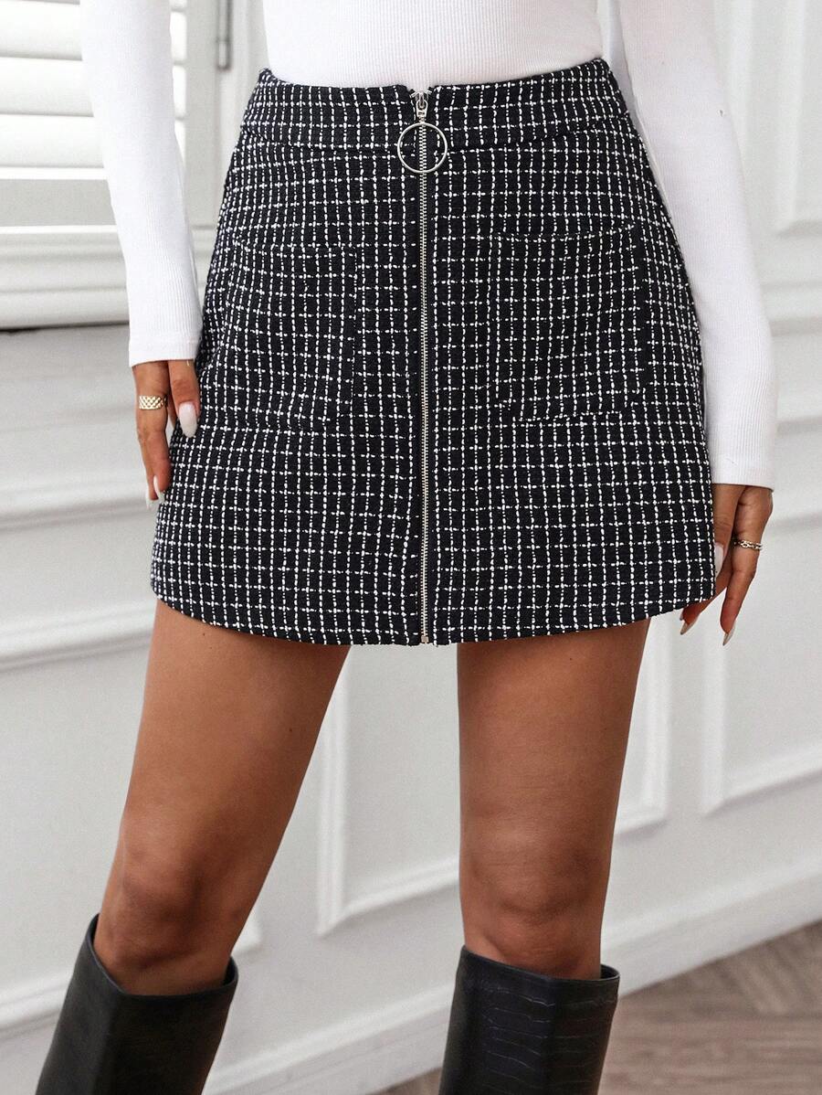 SHEIN LUNE Women Casual Plaid Skirt With Zipper, Basic Style For Autumn And Winter