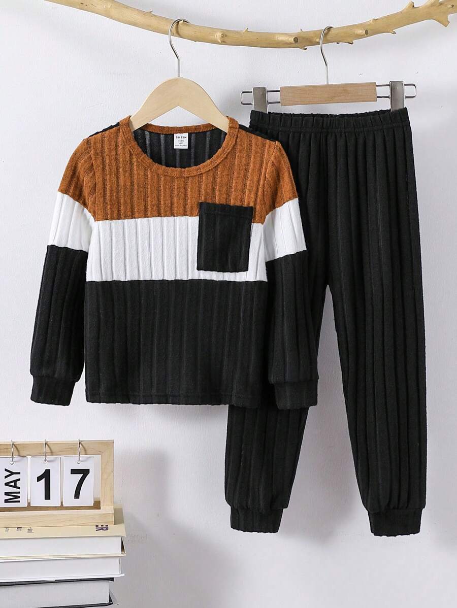 2pcs Young Boys Casual Long Sleeve Top And Pants Comfortable Warm Homewear Set