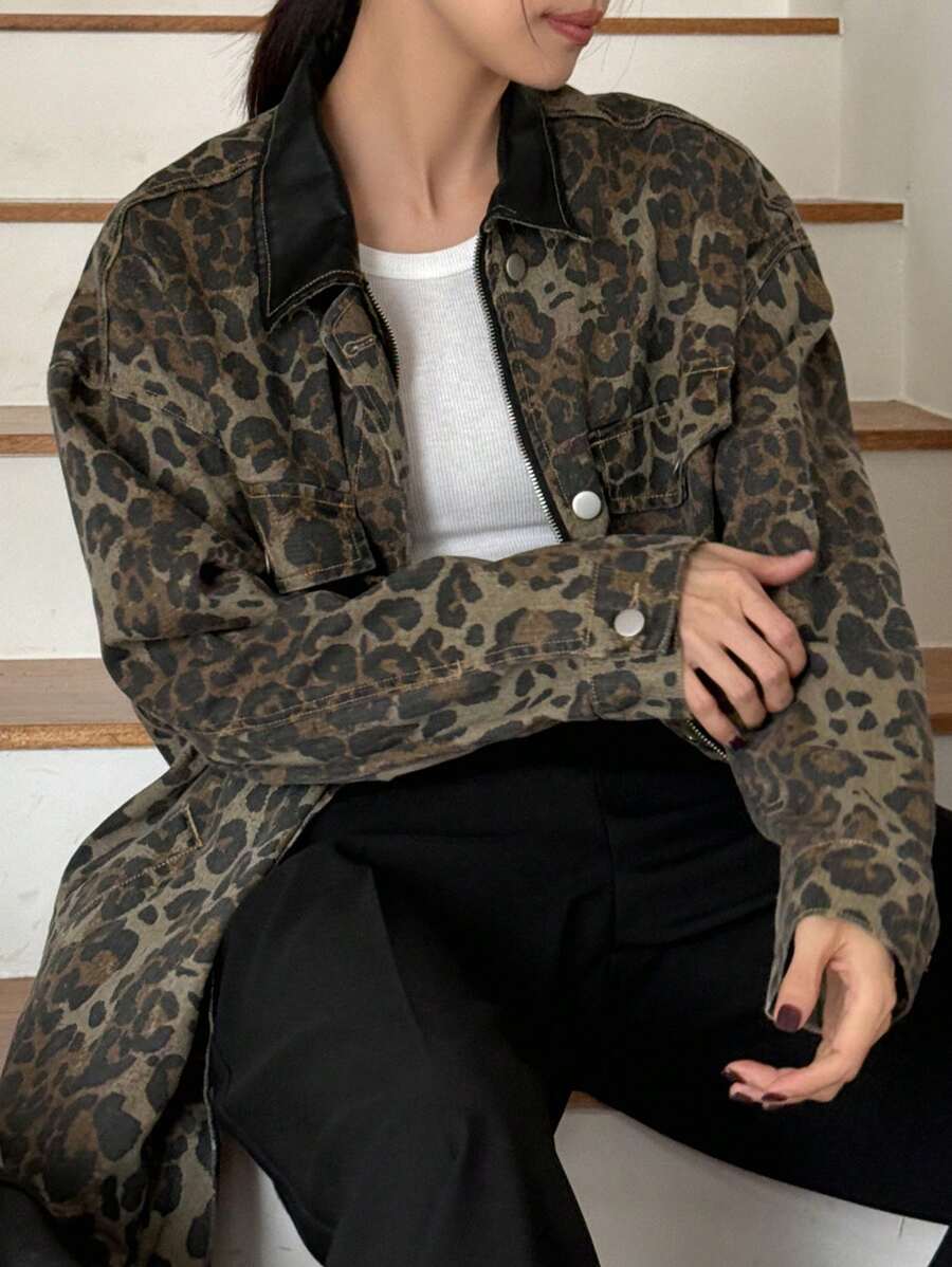 DAZY Women's Autumn Casual Leopard Print Zip-Up Loose Denim Jacket Cheetah Print