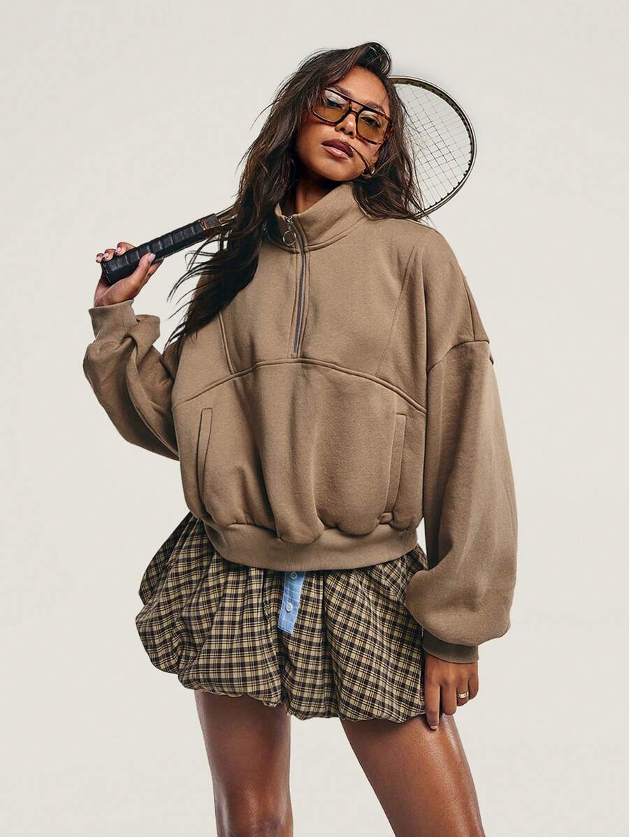 Athîral Dames Casual Effen Kleur Stand Kraag Drop Schouder Sweatshirt, Voor Herfst Warm Koud Weer Thermische Bruine Kleur