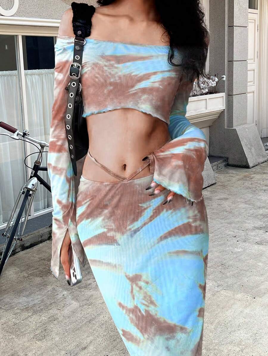 INAWLY 2pcs Women's Tie Dye Print Square Neck Long Sleeve Blouse And Maxi Skirt Set, Spring Summer