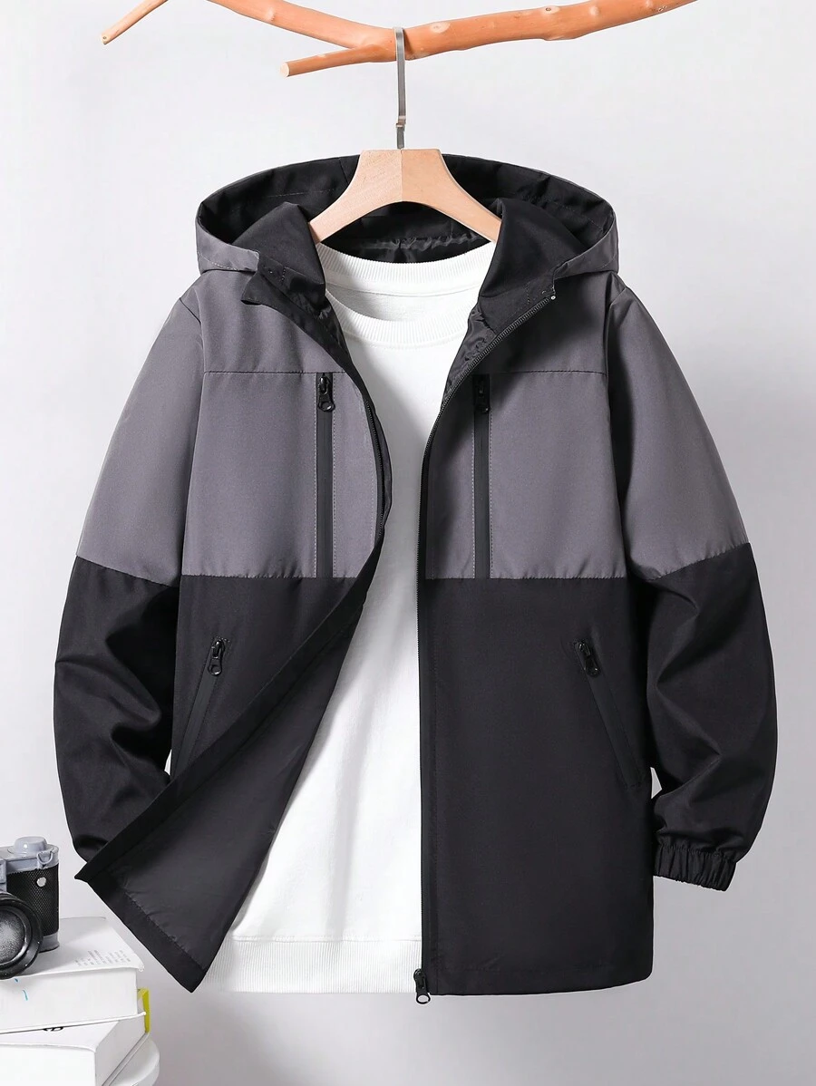 SHEIN Boys' Patchwork Blue & Black Hooded Casual Jacket, Suitable For Everyday Wear
