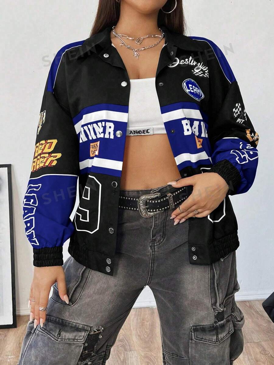 Flirla Chaqueta casual de manga larga con botones frontales, bloques de color y estampado de letras, de talla grande
