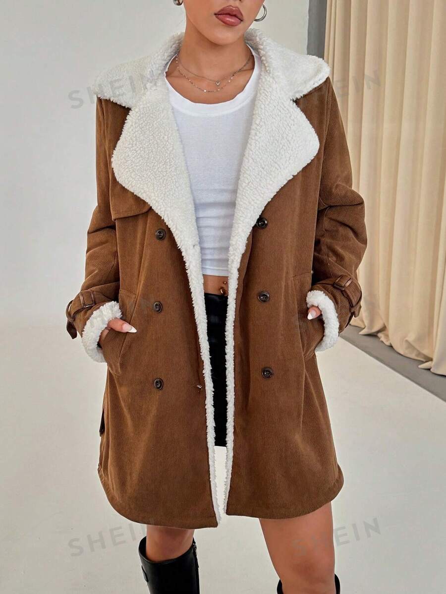 Flirla Abrigo casual de mujer con solapa, de pana, de doble botonadura, con cinturón y de largo medio, para otoño/invierno