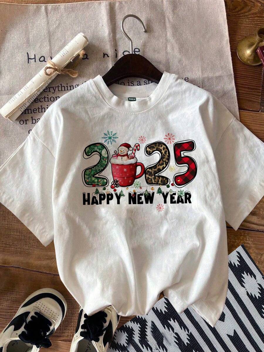 SHEIN EZwear Casual Christmas 2025 New Year Graphic Round Neck Short Sleeve Fitted Women T-Shirt, 34% Cotton, Summer