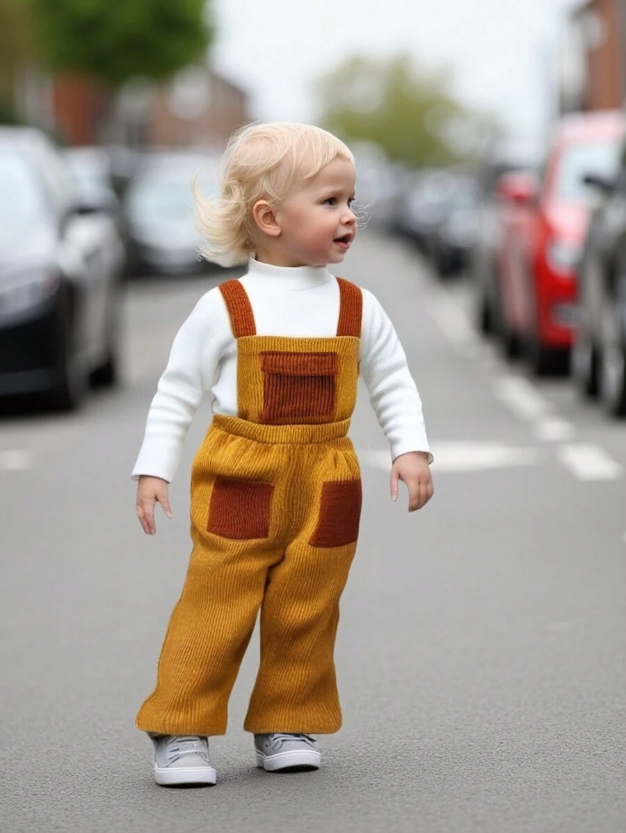 2 piezas/Set Conjunto casual de niña bebé con Top de cuello alto cálida y pantalones de peto holgados, adecuado para otoño e invierno