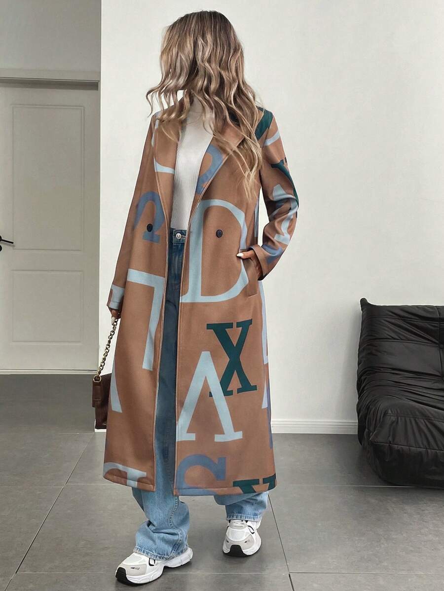SHEIN LUNE Women Letter Pattern Lapel Collar Long Sleeve Longline Casual Overcoat, Autumn/Winter