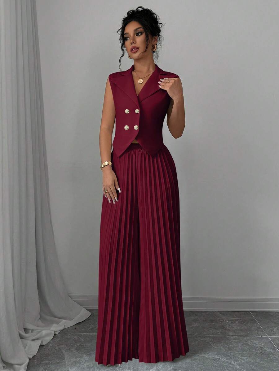 Elenzga Women's Solid Color Front Button Sleeveless Simple Top And Pants Suit, Elegant Set