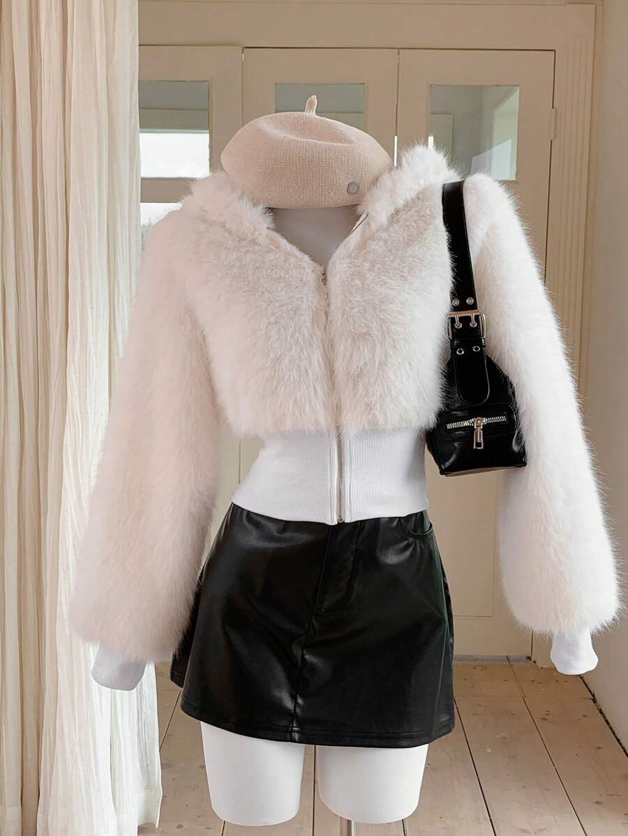 Comfortcana Veste décontractée en fourrure femme, couleur unie, manches longues, à capuche, avec zip, pour l'automne/l'hiver