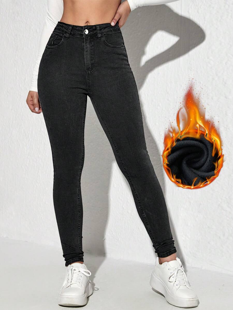 SHEIN Essnce Pantalones vaqueros casuales ceñidos con forro térmico y bolsillos, versátil y grueso, para mujer