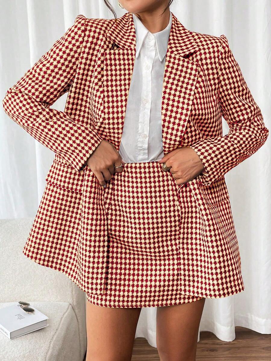 Calvaya 2pcs Set: Casual Allover Print Stand Collar Blazer Jacket & A-Line Skirt, Suitable For Autumn Outings