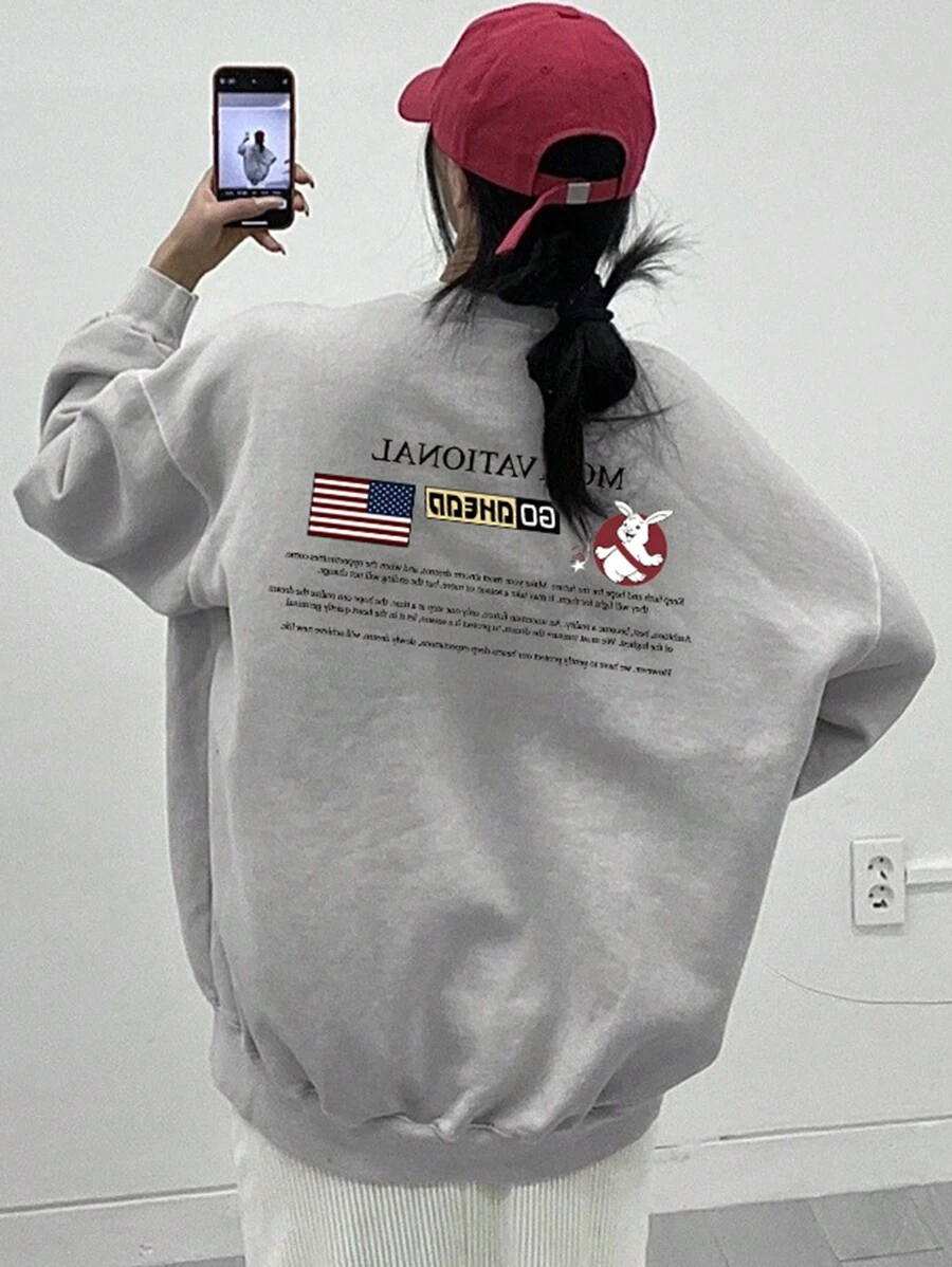 DAZY Women's Oversized Letter Print Crew Neck Sweatshirt, Loose Fit For Spring And Autumn