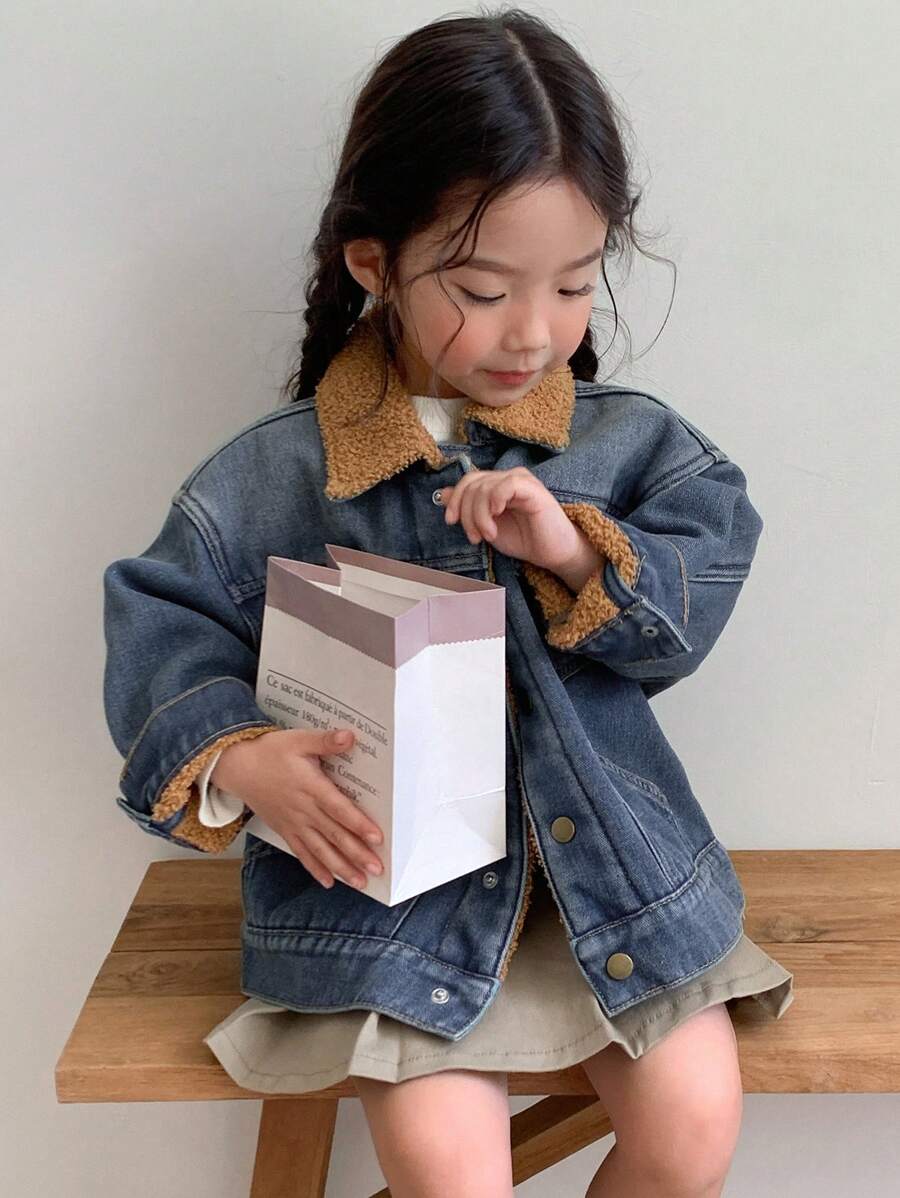 DAZY Chaqueta de mezclilla con parches de felpa para niña, informal para otoño/invierno