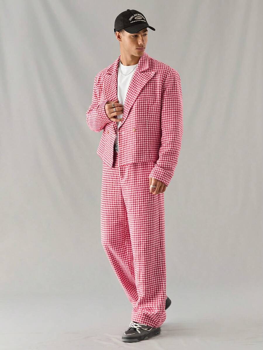 Manfinity VCAY 2pcs Young Men Casual Woven Plaid Loose Fit Open Front Long Sleeve Jacket And Elastic Waist Pants Suit Set