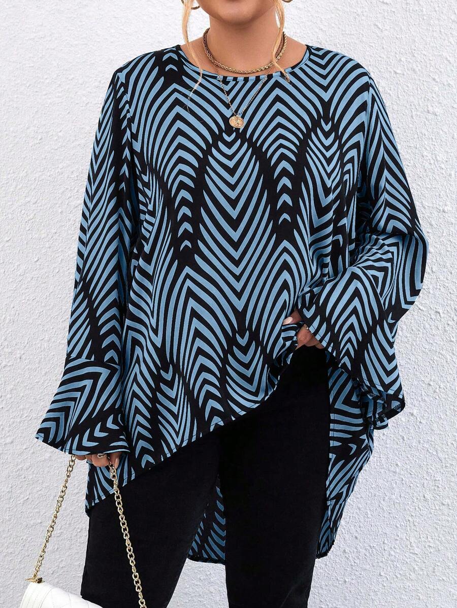 Calvaya Plus Size Asymmetric Hem Geometric Print Frill Trim Long Sleeve Shirt
