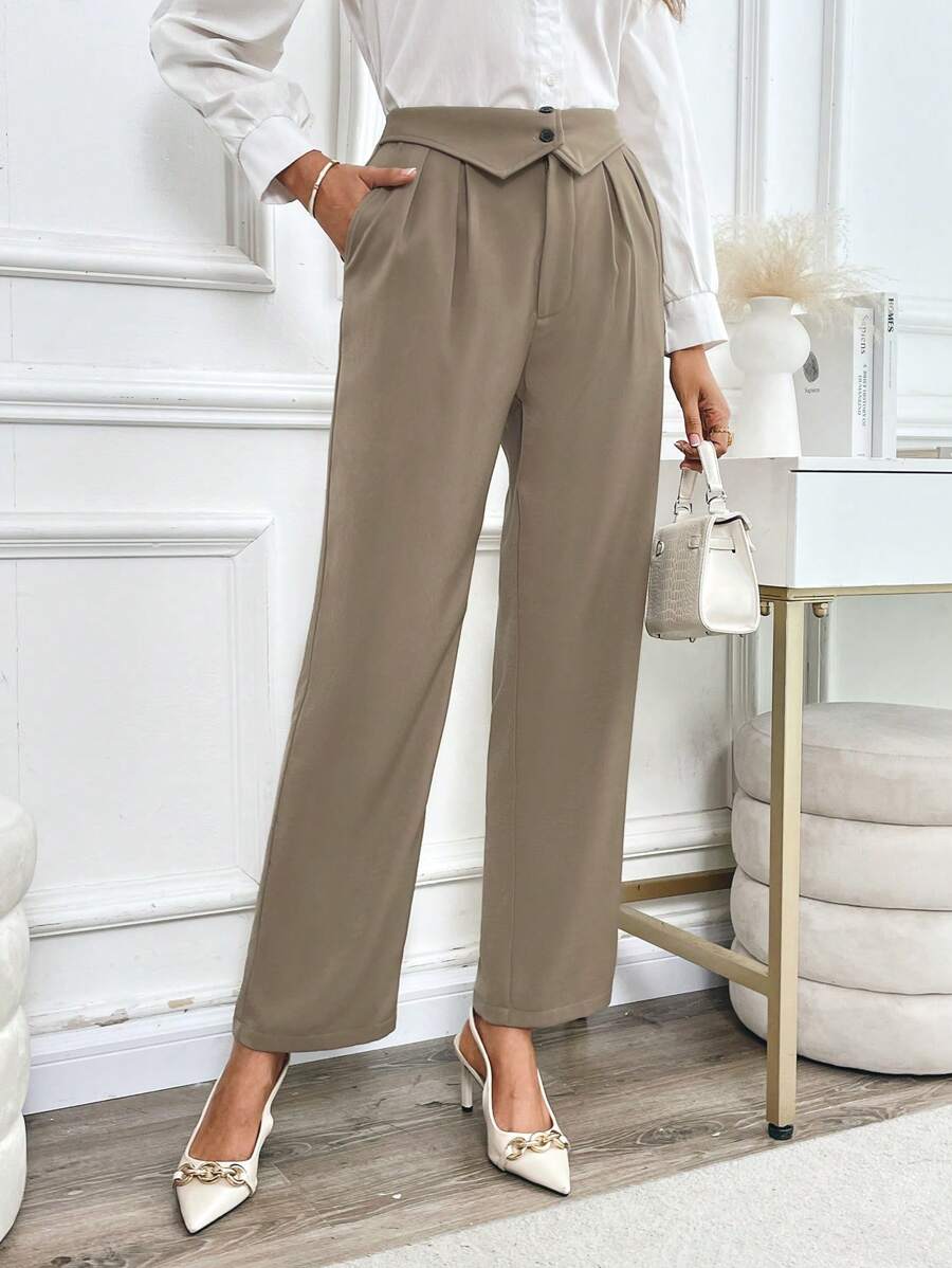 SHEIN Clasi Elastic Waist Straight Leg Trousers For Women, High-Waisted Casual Wide Leg Pants For Spring & Autumn