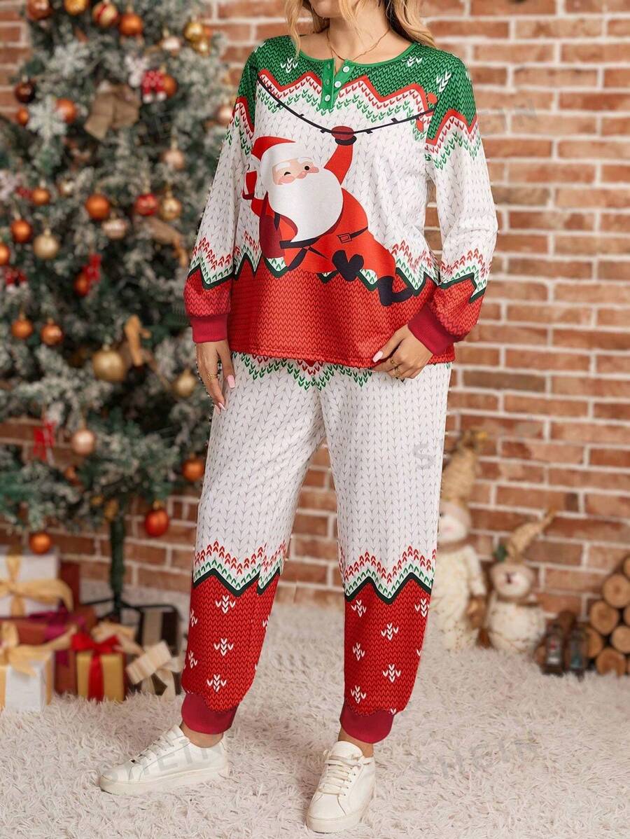 EMERY ROSE Conjunto de 2 piezas de ropa para mujer de talla grande, con parte superior holgada con botones y estampado de Papá Noel y pantalones, conjunto de ropa de otoño