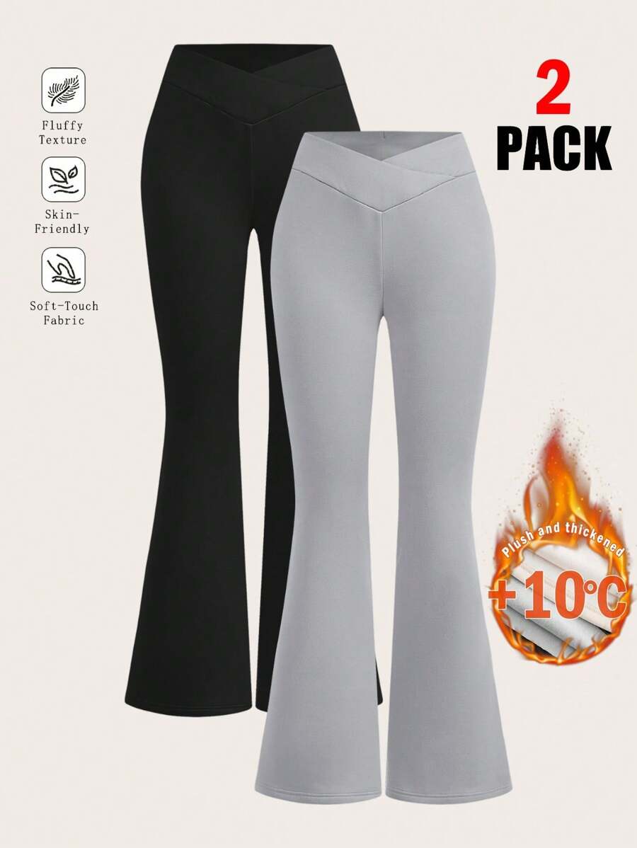 SHEIN EZwear 2pcs Women High Waist Criss-Cross Design Black & Grey Leggings, Casual Fitted Warm Fleece Pants Set For Autumn/Winter